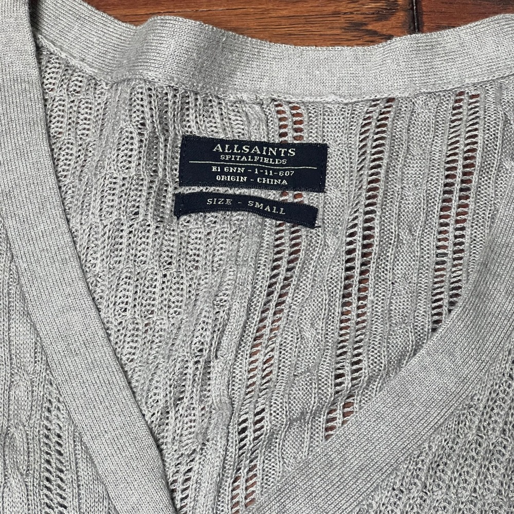 AllSaints Knitted Yurik Cardigan‎ Mens Small Gray Open Knit Academia Button Up - Picture 3 of 8